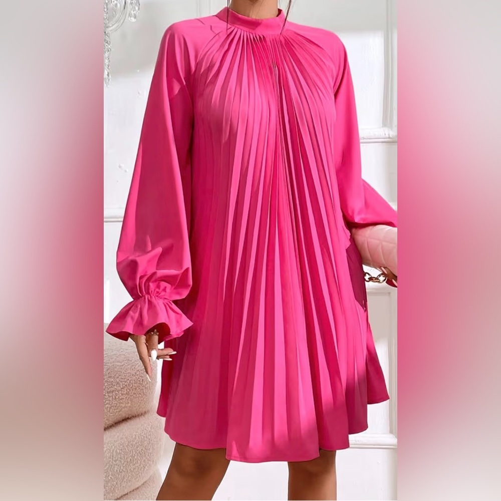 SHEIN Pleated Coral Pink Long Sleeve Dress, size Small.